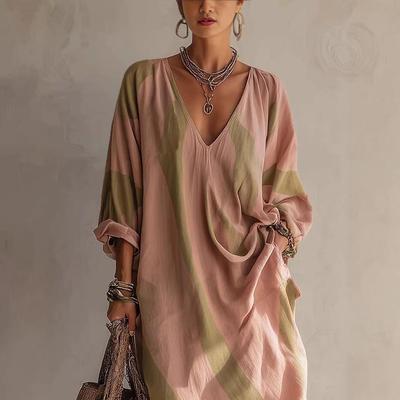 2026 Spring/Summer Women's Loose V-Neck Striped Cotton Linen Dress - Casual Mid-Length European & American Style