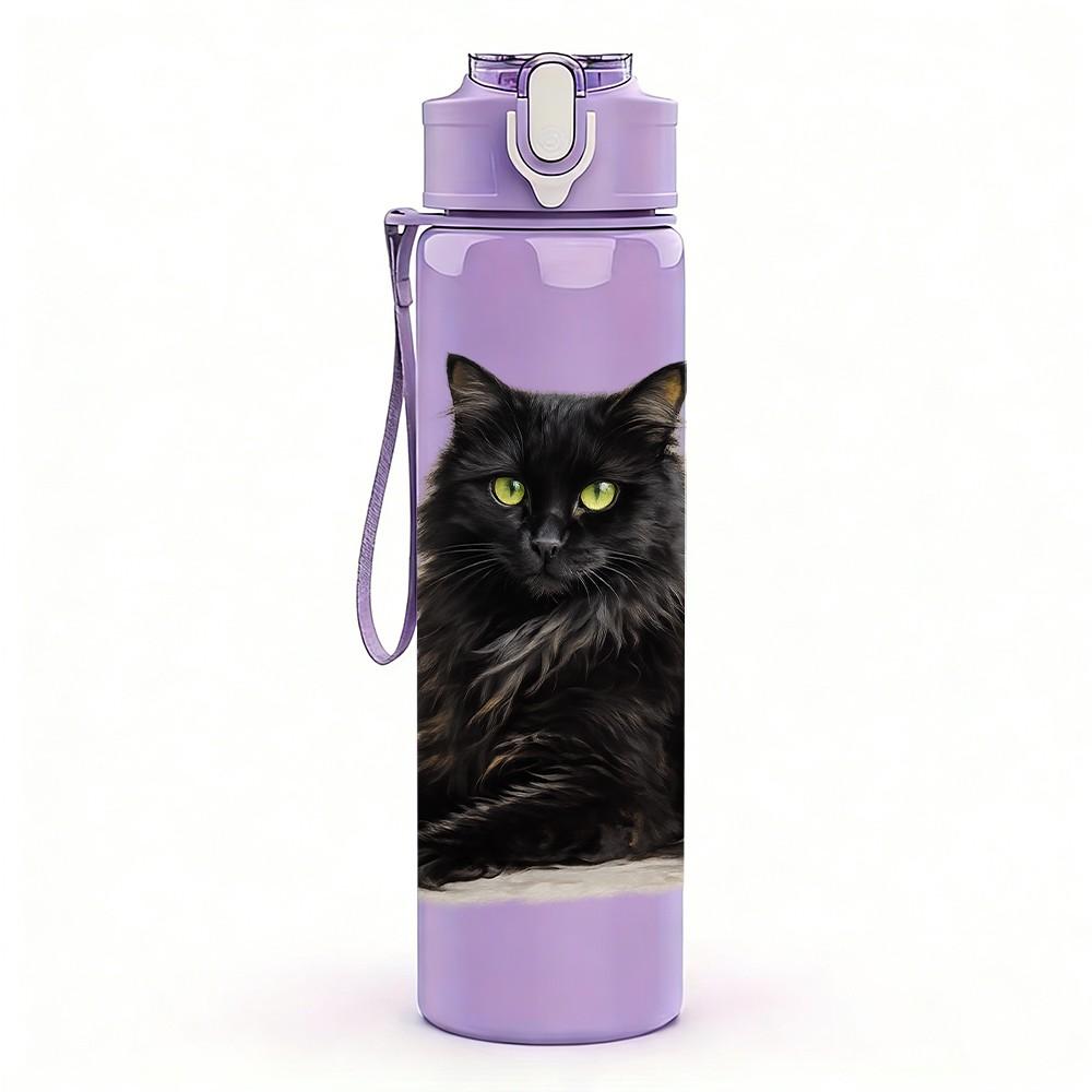 1PC Black Long Hair Cat Portrait Print 750ml Color Plastic Sports Water Bottle Leakproof Flip Straw Lid Suitable for Sports Office Home Use
