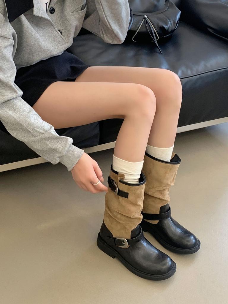 Retro color matching boots women's autumn and winter thick heel thick-soled knight boots belt buckle medium tube stack boots