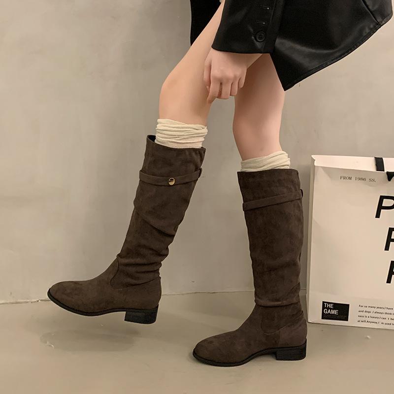 

Французские замшевые ботильоны абрикосового цвета на толстом каблуке женская обувь 2025 новая весна-осень зима универсальные тонкие длинные сапоги 39 темно-коричневого