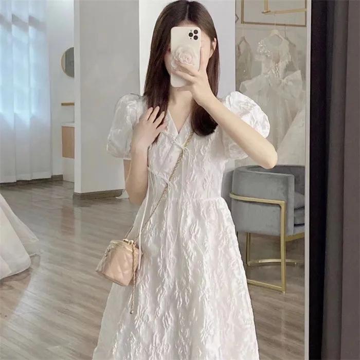 2024 French First Love Puff Sleeve White Dress - Summer Korean Style Slim Mid-Length Skirt for Female Students