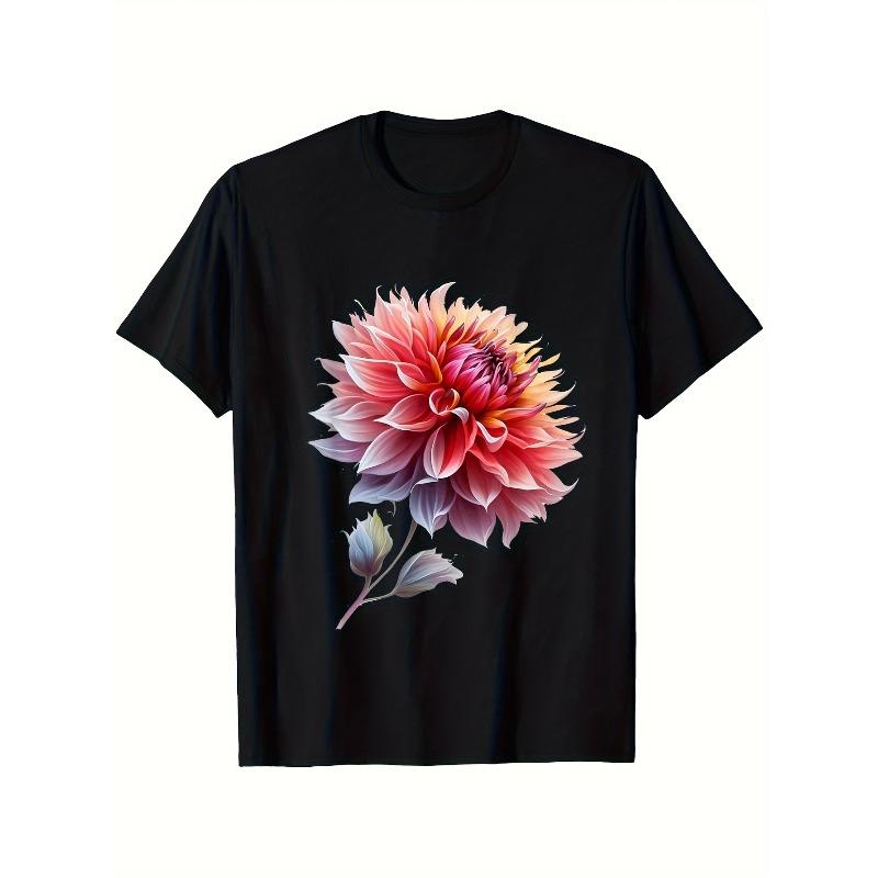 

Women S Dahlia T-Shirt Black Short Sleeve Round Neck Tee Dahlia Flower Design, Lightweight Casual Graphic Top, Machine Washable, Easter Gift Idea 4XL