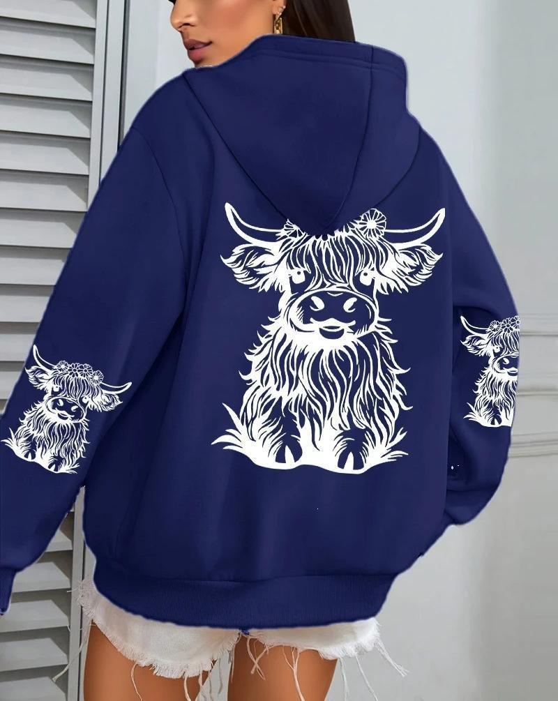Damen, Kuh Cartoon Tier, Bedruckter Damen Hoodie Herbst Locker Lässig Tasche Fleece Pullover
