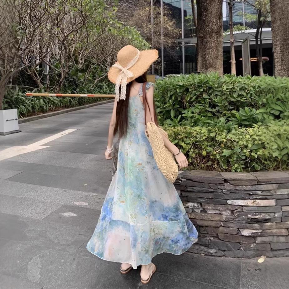 Seaside Resort Style Flutter Sleeve Camisole Dress - Women's Summer 2026 Waist-Cinched Irregular Fairy Dress
