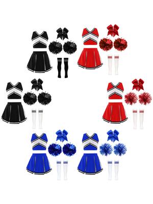 Girls Cheerleading Dance Set Sequined Crisscross V Neck Crop Top Pleated Skirt with Accessories