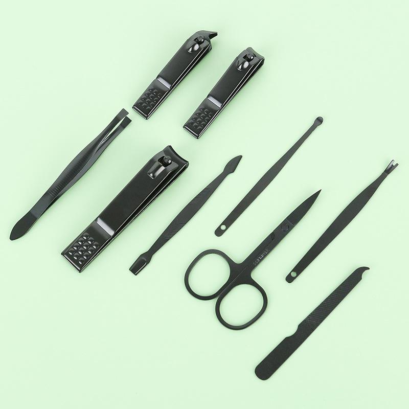 9-Piece Dark Green Manicure Set with Zipper Bag and 6 Black Nail Clippers