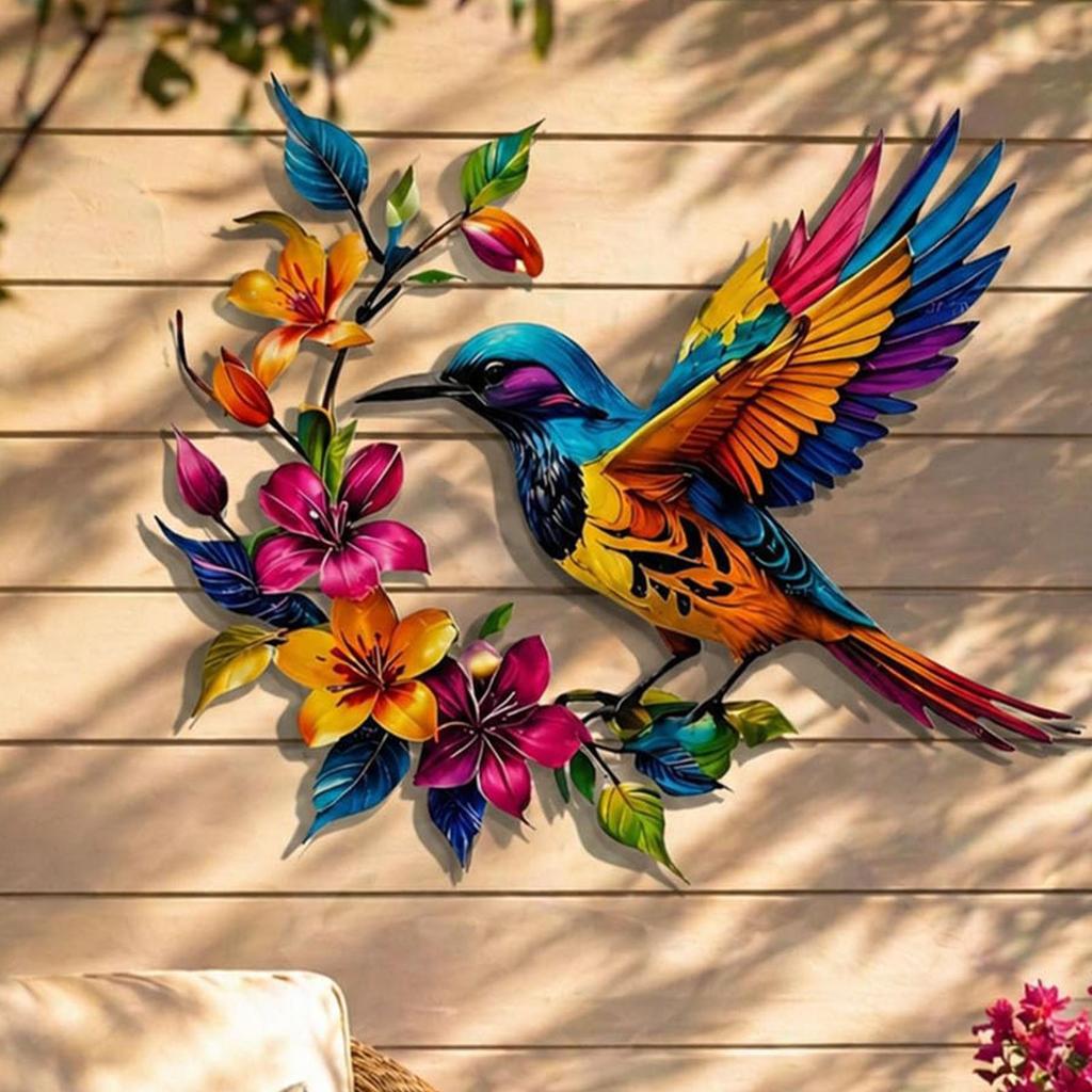 Hummingbird Wall Art Hangable Wall Sculpture With Flower Metal Hummingbird Decor For Garden Patio Fence Porch Yard Home Living