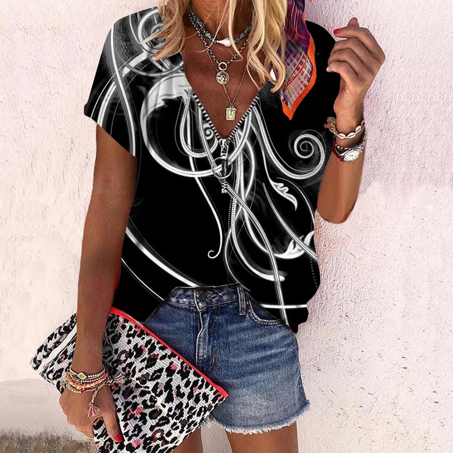 Women's Top Summer New Fashion Rose Flower Blue Light Printed Casual Zipper V-neck Short Sleeve Top