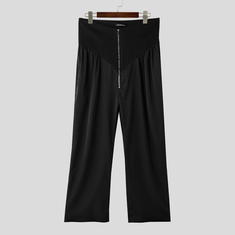 

INCERUN Men High Waist Zip-up Solid Color Casual Long Trousers Straight Pants 4XL чёрный