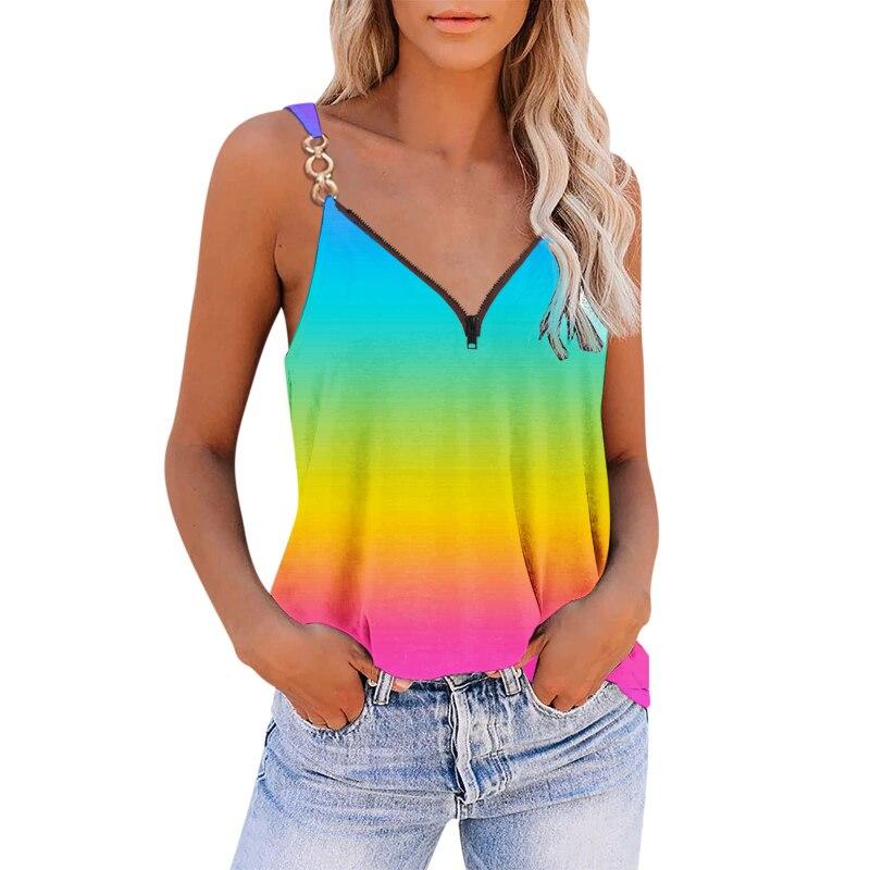 2023 Summer Sleeveless Zip Print Tank Top For Women Fashion Loose Casual V Neck Shirt Elegant Vest Clothing 25562