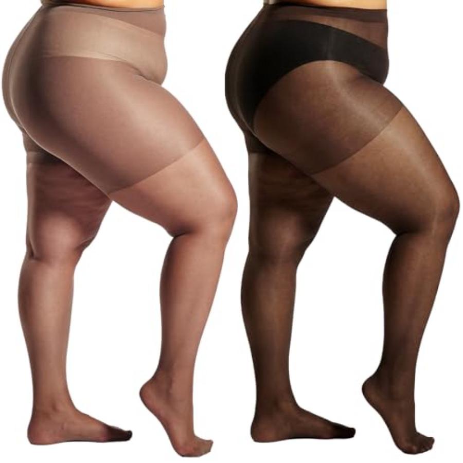 2 Pairs Plus Size Sheer Tights For Women High Waist Control Top Stockings Ultra Thin Pantyhose With Reinforced Toes