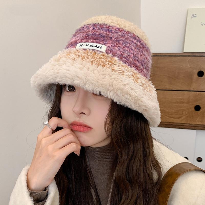 Women Autumn Winter Warm Thicken Ear Protector Hat Cold Velvet Knitted Fisherman Hats Sweet Cute Stripe Bucket Cap