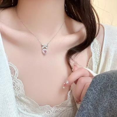 Zirkon Bowknot Herz Anhänger Halsketten Rosa Herz Damen Mädchen Elegante Schlüsselbein Kette Für Frauen Schmuck