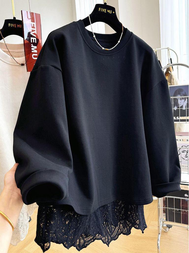 Women's 2024 Lace Splicing Faux Two-Piece Round Neck Sweatshirt - Spring/Autumn Casual Loose Fit