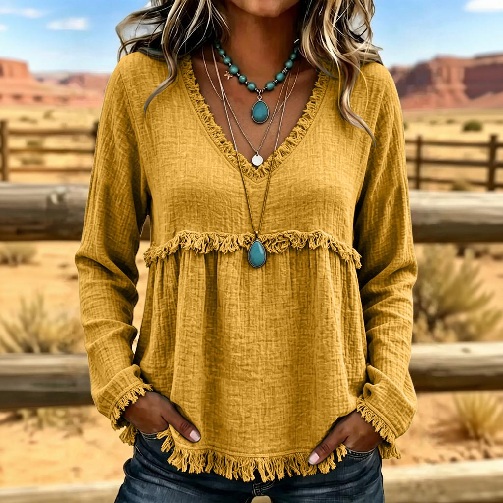 Women's V-Neck Long Sleeve Cotton Linen Casual Color Top
