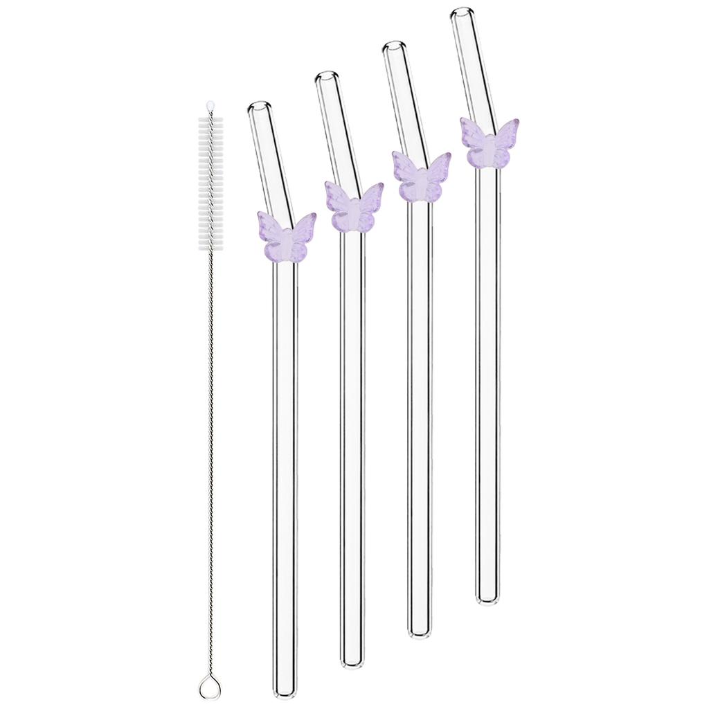 4pcs Butterfly Glass Straw with Brush 200*8mm Reusable Drinking Straw Set Milkshakes Cocktail Coffee Straws Home Bar Accessories