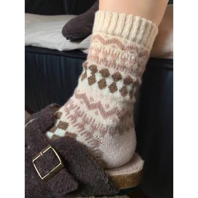 Nordic Fair Isle Wool Slouch Socks - Warm, Retro Ethnic, Extra Thick, Long Winter Style
