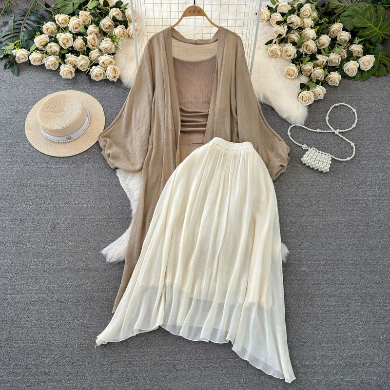 

Fashion Suit Women s Idle Style Sun Protection Cardigan Knitting Three-Piece Camisole High Waist Slim Looking A- line Skirt Khaki One size