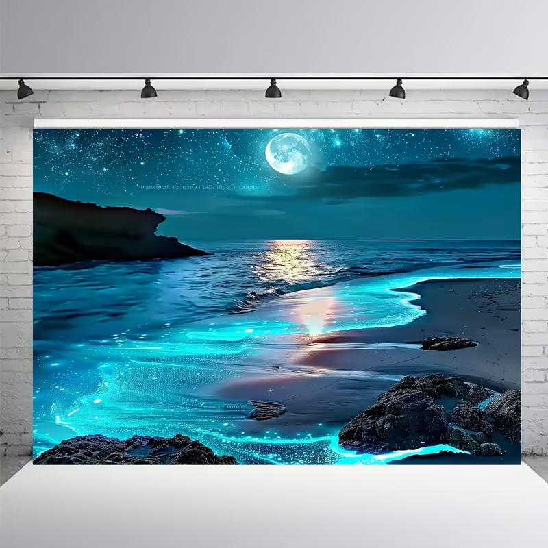 2D Magical Night Beach with Glowing Bioluminescent Waves Backdrop