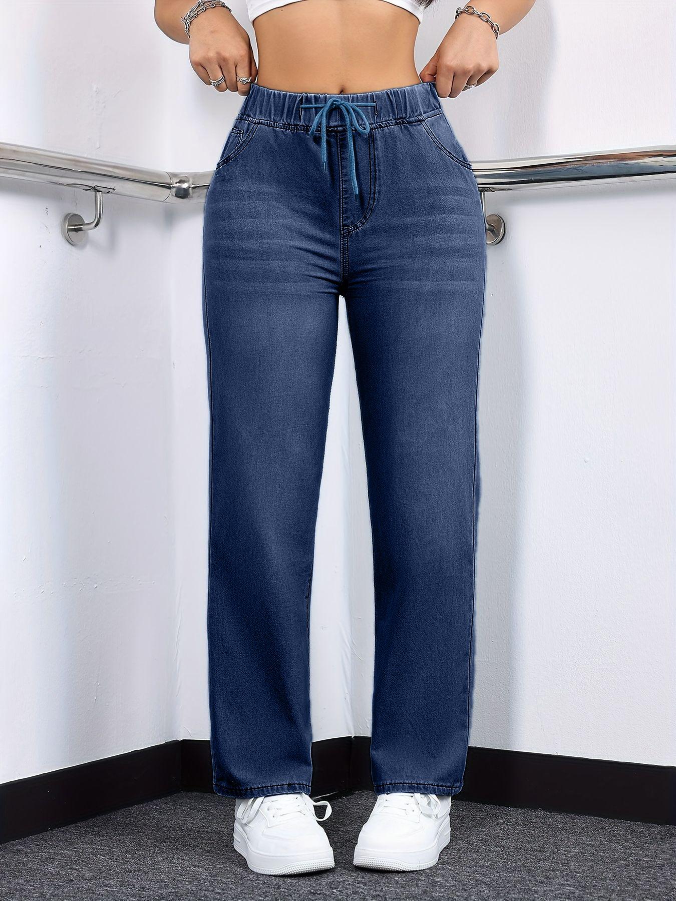 Women s Plus Size Washed Blue Denim with Drawstring Elastic Waistband 5XL