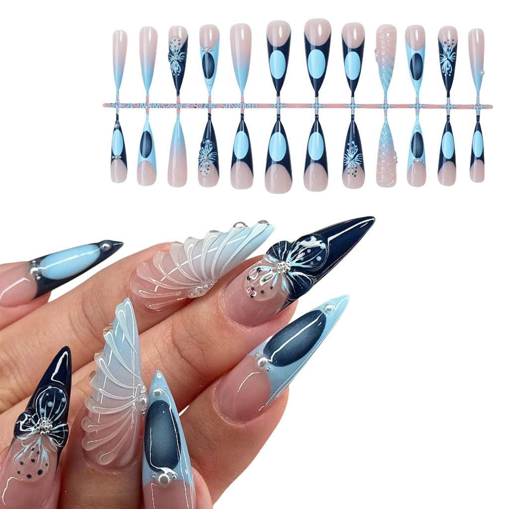 1 Set Almond False Nails Full Cover Stick on Nails 3D Flower Press On Nails French Artificial Nails Manicures Supplies