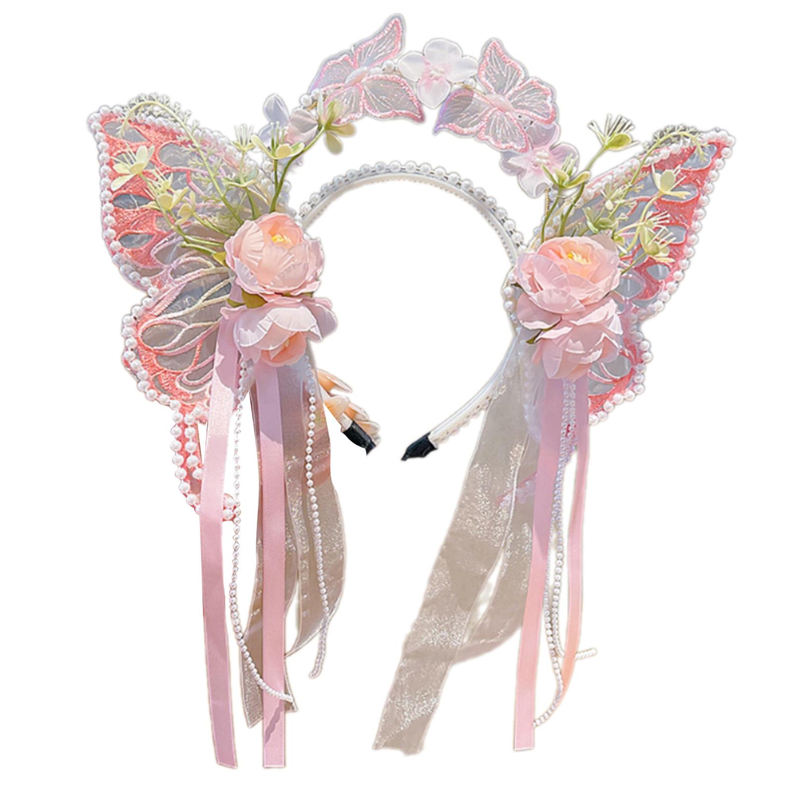 

Glinting Pearls Headband Handwoven Ribbon Butterfly for Pageant Prom Princess Hair Accessories Stage Props рожевий