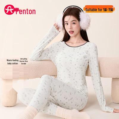 Fenteng Women's Round Neck Small Floral Lightweight Thermal Set