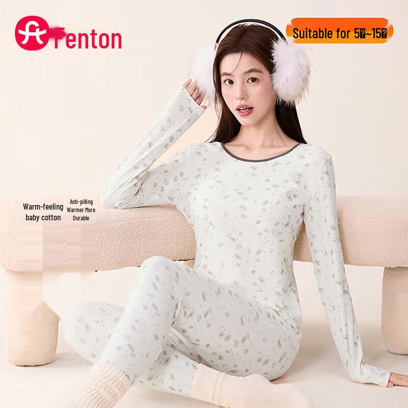 Fenteng Women's Round Neck Small Floral Lightweight Thermal Set