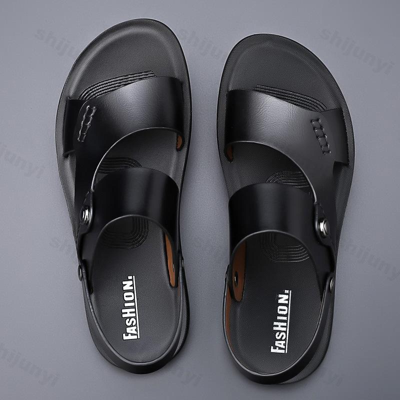 Men's Casual Sandals Summer New Breathable Fashion Outdoors Beach Shoes Anti-slip Open-toe Double-sided Soft Leather Slippers