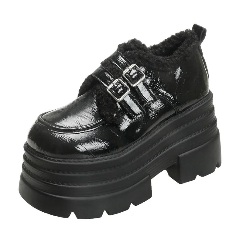 

Fashion Women s Leather Platform Sneakers Autumn Winter Warm Plush Buckle Snow Shoes Thick Sole 10CM Heels Cotton Shoes Zapatos Mujer 34 чёрный