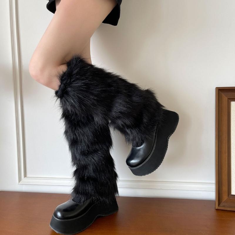 Soft Faux Furs Leg Sleeves Winter Leg Warmers Elastic Thermal Protective Boot Covers Footless Socks For Women Hosiery