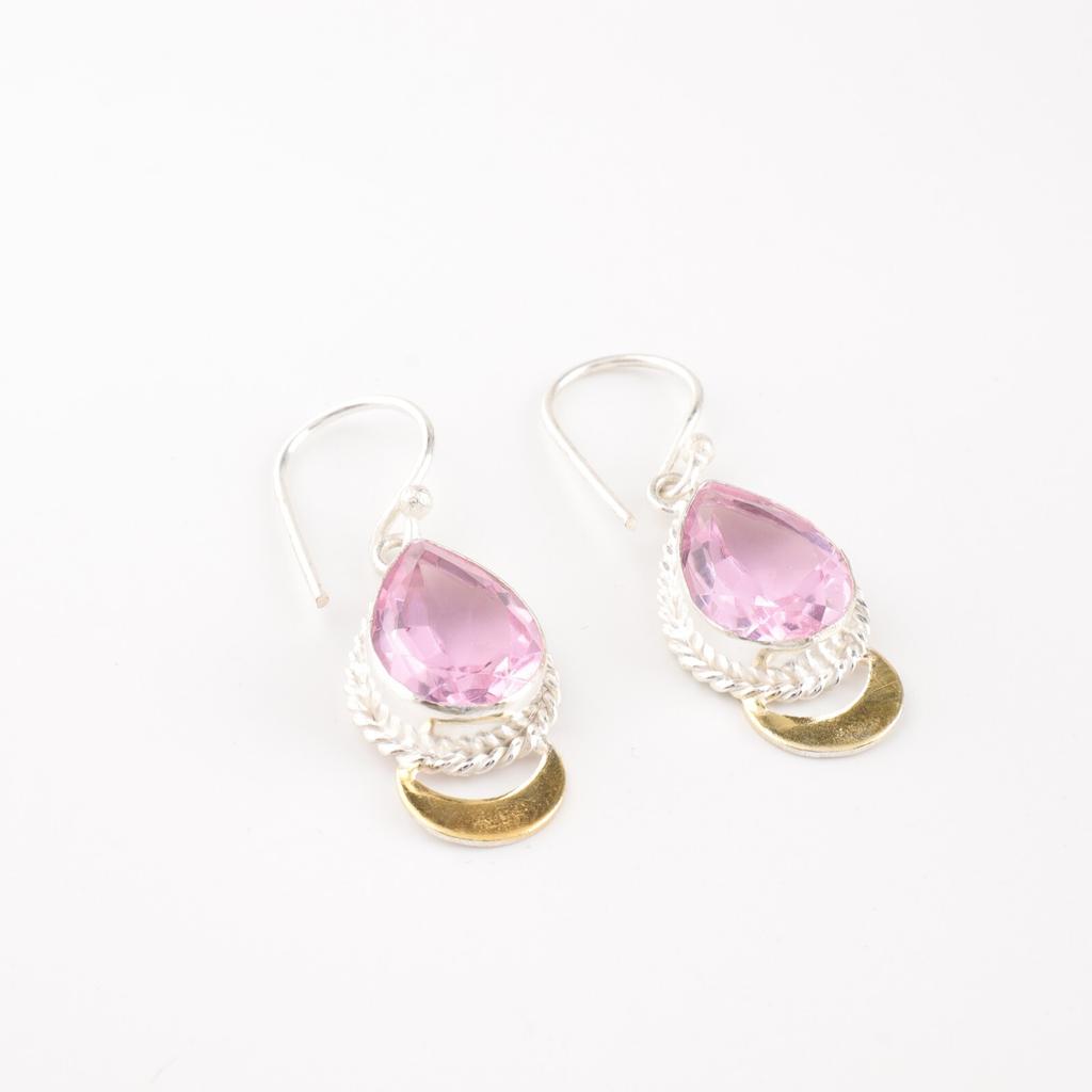 Morganite Gemstone 925 Sterling Silver Jewelry Handmade Two Tone Earrings 1.5" EE-162-11