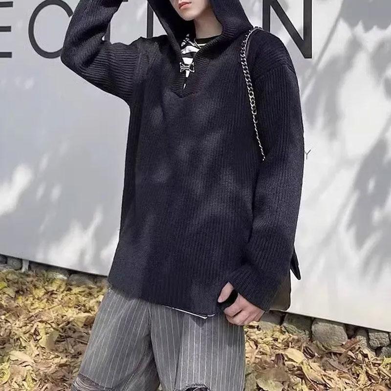 Vintage Casual Hooded Knitted Pullovers Men's Clothing Solid Color Autumn Winter Basic Loose Fashionable Metal Buckle Sweaters