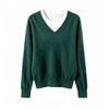 2026 Fall Womens Knit Sweater Casual V-Neck Fake Two-Piece Loose Drop Shoulder Long Sleeve