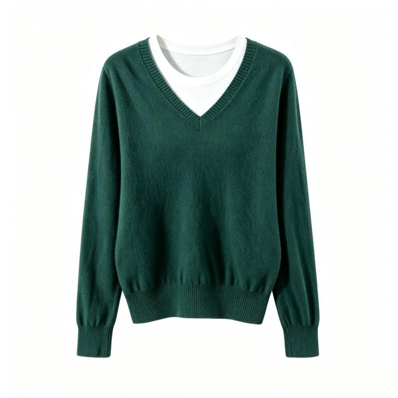 2026 Fall Womens Knit Sweater Casual V-Neck Fake Two-Piece Loose Drop Shoulder Long Sleeve