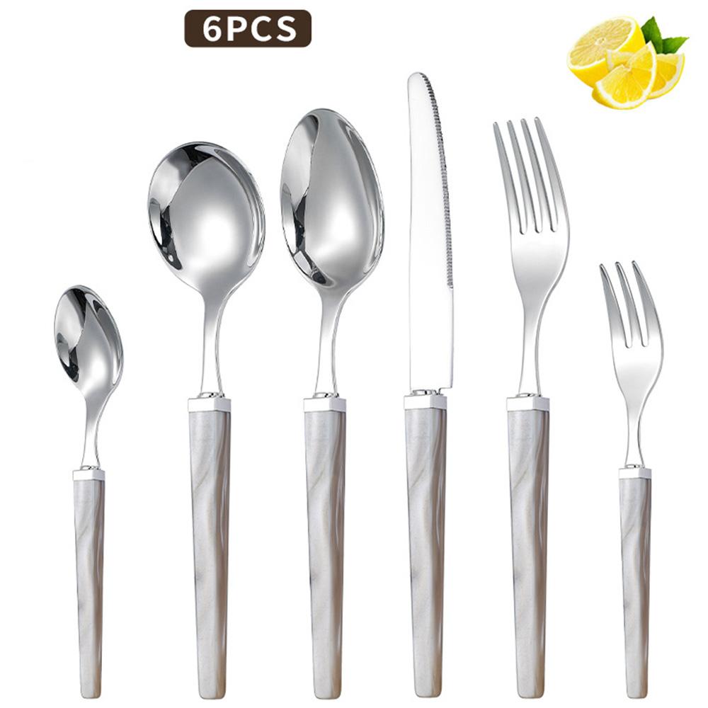 

6Pcs Marble Handle Cutlery Set 304 Stainless Steel French Steak Spoon Fork - Luxury Western Tableware for Home & Wedding серый