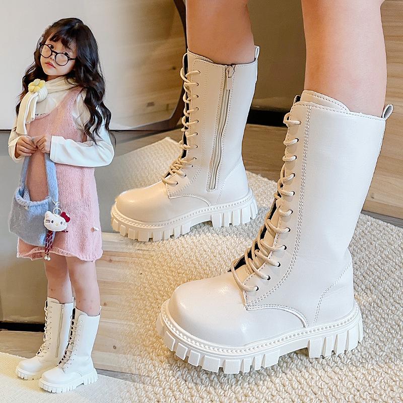 Girls' 2025 Autumn/Winter Leather High-Top Martin Boots for Medium/Large Children