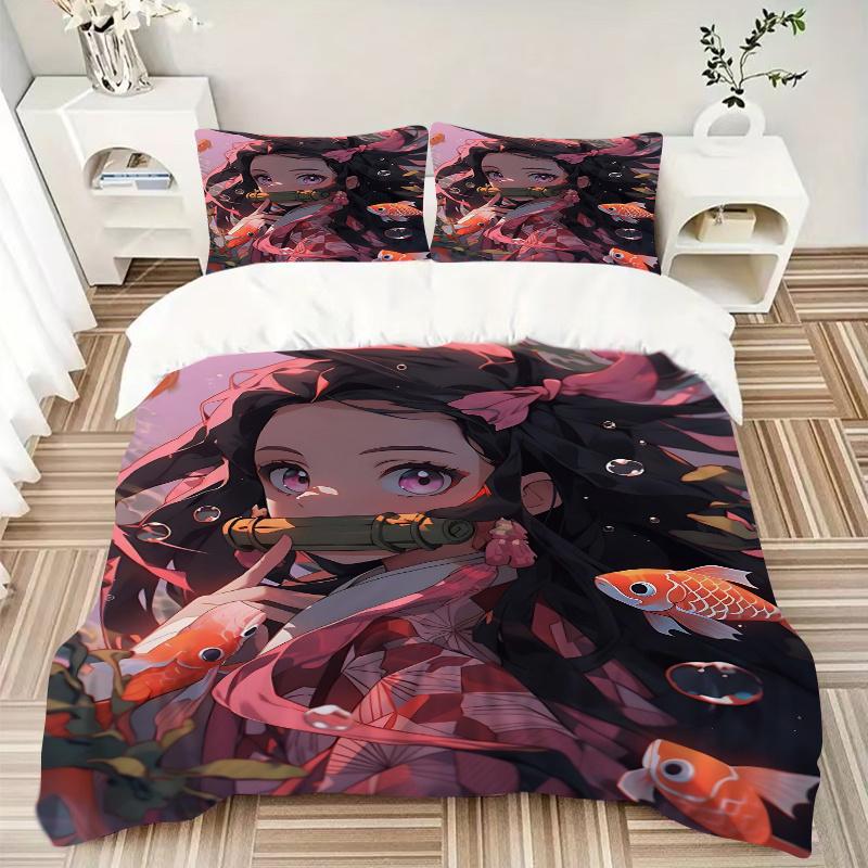 3pcs Kamado Nezuko Demon Slayer Bedding Set, Including 1 Quilt Cover and 2 Pillow Shams, Without Filling, Soft and Comfortable Home Bedroom