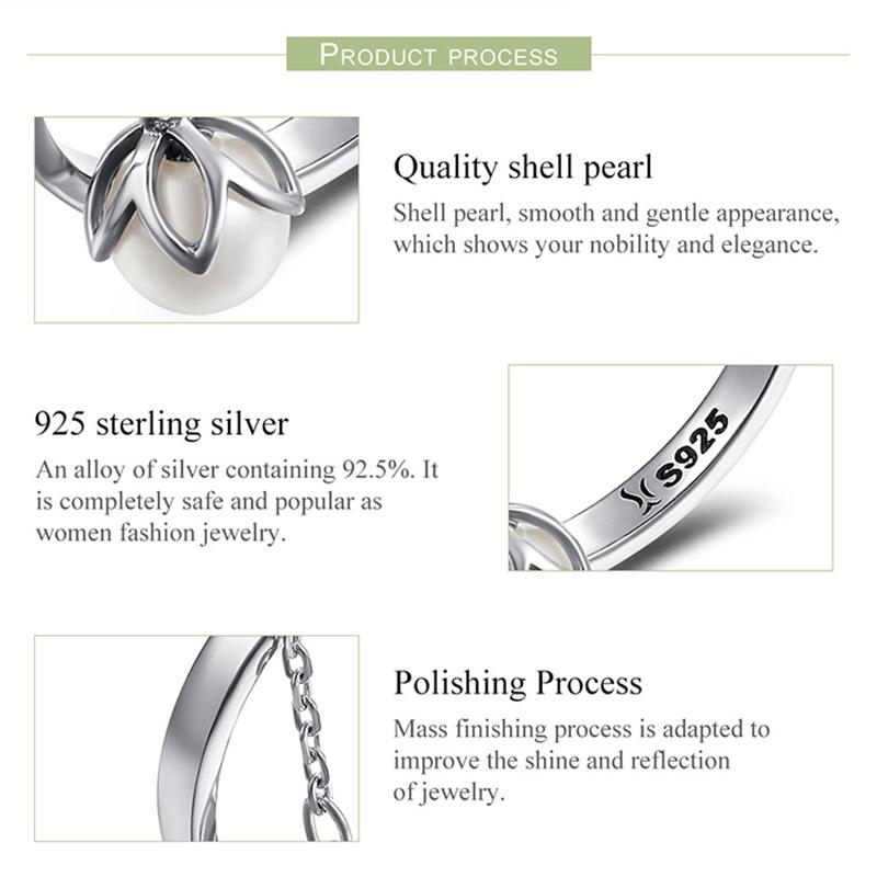 WOSTU Real 925 Sterling Silver Black White Pearl Chain Opening Rings For Women Flower Tears Link Ring Wedding Party Jewelry Gift
