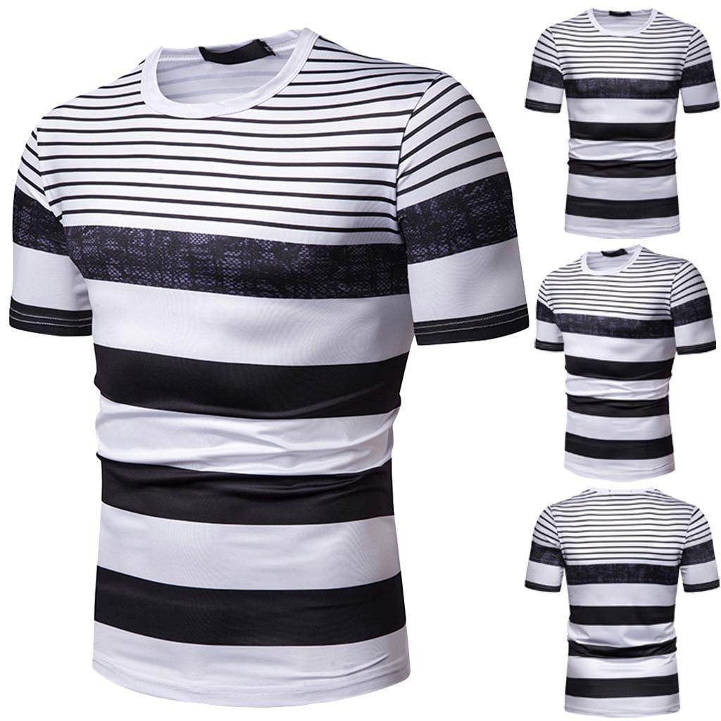 Buy Men‘s Fashion Short Sleeve Stripe Painting Large Size Casual Top
