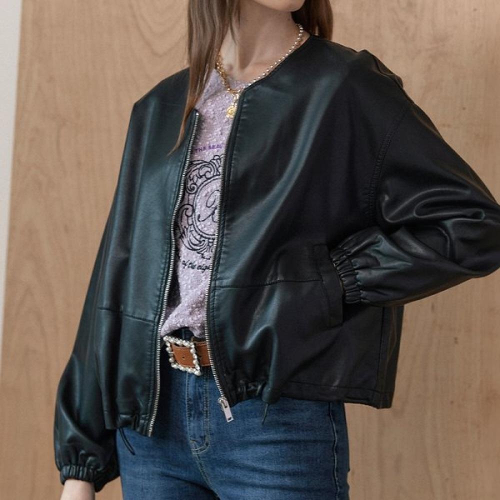 Maxza Round Collar String Zip Up Fake Leather Jacket Zc10qj012on