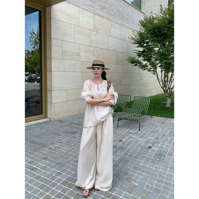 Kumikumi Design Sense Black Pleat Thin Long Sleeve Shirts Women Autumn Slimming Casual Pants Trousers Two-piece Set