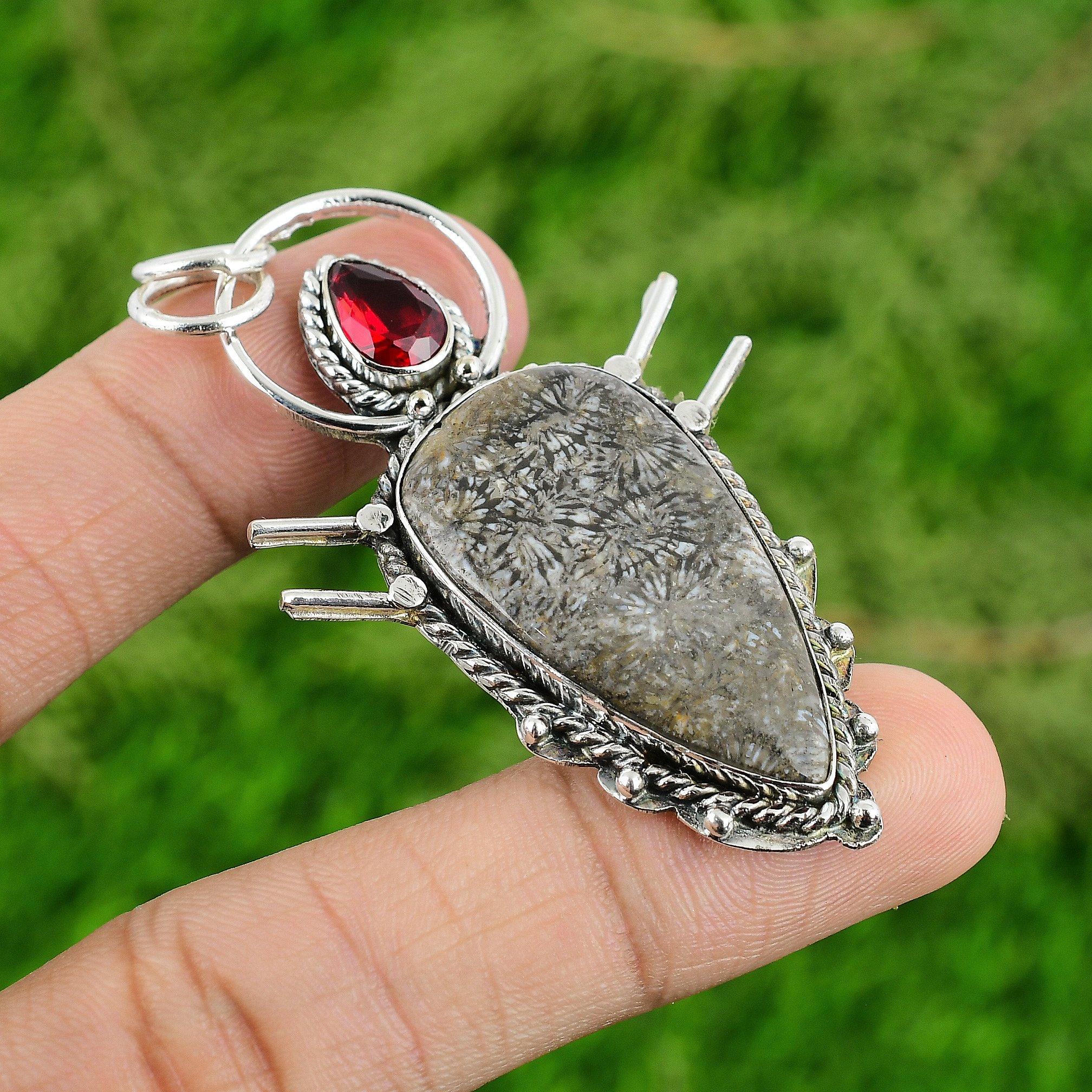 

Fossil Coral Gemstone Mozambique Garnet 925 Silver Bezel Mother Birthday Pendant