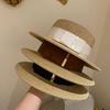 Women's summer beach straw hat beach shade sun protection color blocked flat top sun hat British versatile top hat