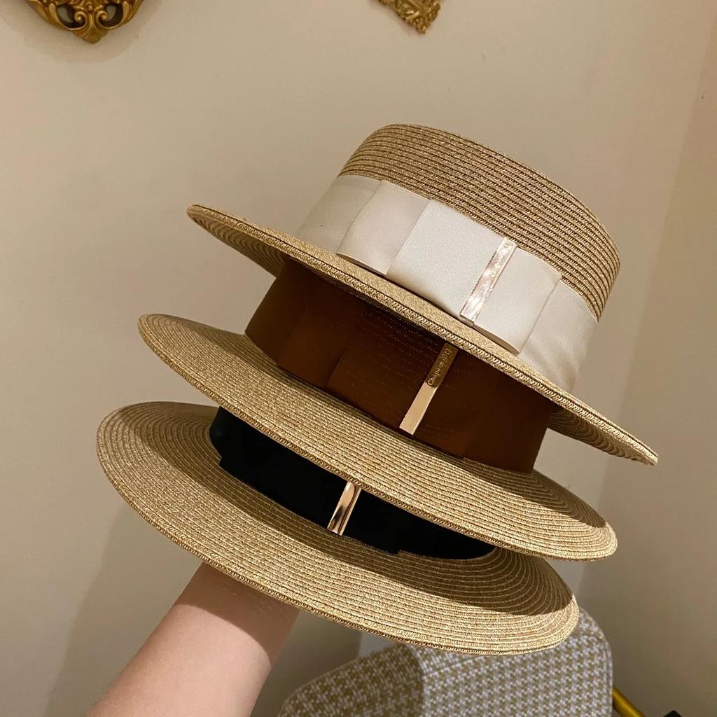 Women's summer beach straw hat beach shade sun protection color blocked flat top sun hat British versatile top hat