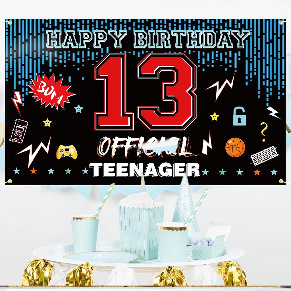 Offizielles 13. Geburtstag Tür-Hintergrundbanner für Teenager Happy 13th Birthday Dekorationen Rot Blau 13-Jähriger Geburtstagsparty Garten