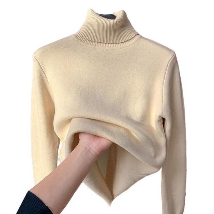 

Women Knitwear Long Sleeve Turtleneck Sweater Fleece Lined Thickened Warm Knitting Tops Solid Color Autumn Winter XL абрикосовий