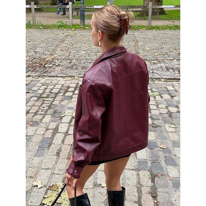 Spring and Autumn Women Long Sleeve Jacket Pu Leather Lapel Zipper Motorcycle Retro Coat Loose Casual Fashion Street Wear