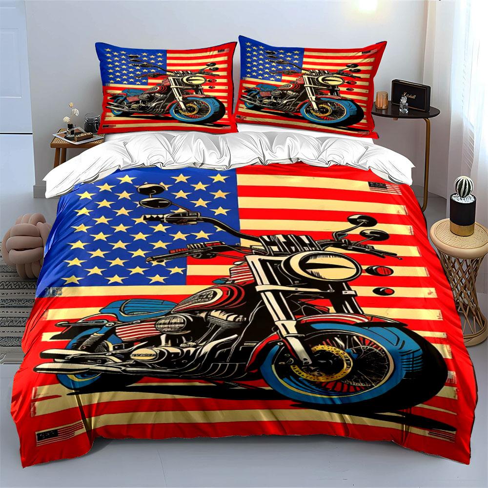 Motorcycle and American flag. Bedding sets Duvet cover sets Duvet covers Pillowcases(1*Duvet Cover 2*Pillowcases without duvet insert)