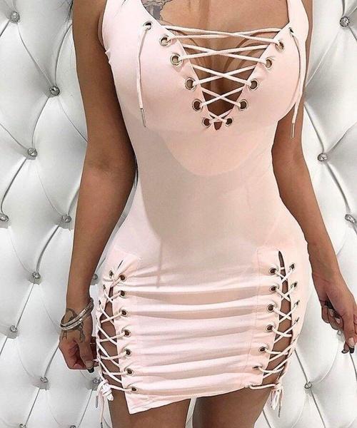 Women's Fashion New Deep V-neck Slim Halter Dress Solid Color Sexy Sleeveless Lace Dress Tight High Waist Package Hip Side Split Mini Dresses